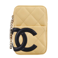 【CHANEL】康朋系列羊皮相機收納萬用小包(米黑色)