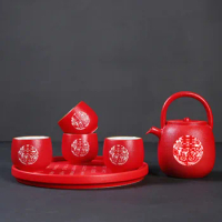 Chinese Traditional Wedding Ceramic Tea Pot Set, Cup Tray Set, Red Double Happiness Porcelain Tea Infuser, Gift Supply
