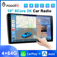 Podofo 10inch 2K QLED Android Car Radio 4+64G Multimedia Player Carplay Android Auto 8core WIFI&amp;4G GPS Navigation DSP Car Stereo