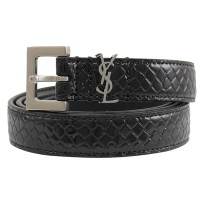 YSL Saint Laurent 質感蟒蛇壓紋窄版針釦式皮帶(黑/銀)