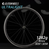 ELITEWHEELS 700C Road Bike Tubeless Wheelset Carbon Fiber Bicycle Wheel Bitex Straight Pull Hub For Clmbing 1282g Only