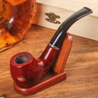 Solid Wood Tobacco Pipe Red Black Pattern Carving Smoke Pipe Elbow Roll Filter Cigarette Holder Herb Grinder Smoking Tools