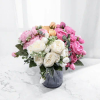 30cm Silk Peony Artificial Flowers Bouquet 5 Big Head and 4 Bud Cheap Fake Rose Flowers for Home Party Wedding Decoration