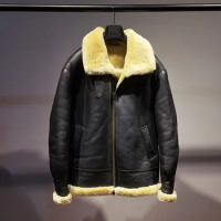 B3 Flight Suit U.S. Sheepskin Fur One Men Lapel Large Size Genuine Leather Jacket Simple Retro Casual Bomber Shearling Clothing