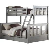 Bunk Bed (Twin/Full) in Gray Storage Bunk Bed with 2 Storage Drawers (Mattress is Not Included)