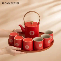 High-grade Chinese Red Wedding Ceramic Tea Set Bamboo Tray Handmade Teapot Kettle Teacups Tradition Teaware Set Holiday Gifts