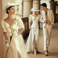 法式緞面情侶拍照禮服新款影樓主題服裝攝影旅拍寫真短袖復古婚紗