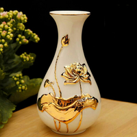 家居室內陶瓷插花器擺件佛堂供佛花瓶陶瓷浮雕描金觀音荷花瓶