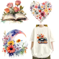 Retro small fresh bouquets bonsai books iron on transfer for clothing dtf transfers ready to press Heat Transfer Printing