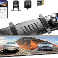 12" 4K Mirror Dash Cam, Split-Screen Display Rear View Mirror Camera, Waterproof Backup Camera, Dual Dash Camera for Cars