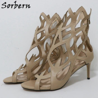 Sorbern Hollow Out Women Sandals High Heel Stilettos Rear Zipper Unisex Shoes Kitten Heeled Custom Colors Size 34-48