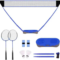 Portable Badminton Net Set with Storage Base, Folding Volleyball Badminton Net with 2 Badminton Rackets 2 Shuttlecocks Griptape