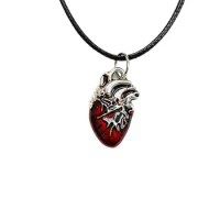 vintage antique silver goth Red bloody Anatomical Human Heart pendant necklace with black Chain Retro organ shape neckalce