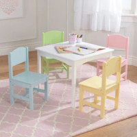 Children's wooden table and set of 4 chairs with wainscoting detail, pastel, suitable for children aged 3-8 years