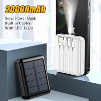 Solar Power Bank 20000mAh Portable Powerbank With Cables LED Light External Battery Charger Poverbank For iPhone 12 13 11 Xiaomi