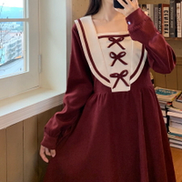 日系裙子森系女春裝仙氣超仙蝴蝶結燈芯絨長裙海軍領溫柔風連衣裙