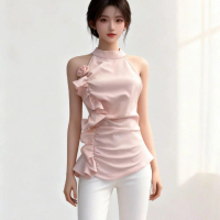 Top Halter Neck Asimetris Pink dengan Ruffle dan Hiasan Bunga Elegan