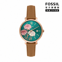 【FOSSIL 官方旗艦館】Jacqueline 深森之夏花卉浮雕指針手錶 棕色真皮錶帶 36MM ES5274(母親節)
