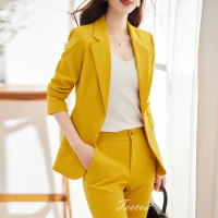 Tesco Vibrant Yellow Women's Suit Sets Single Button Blazer And Pants 2 Piece Formal Pantsuit For Wedding Party Female Outfits