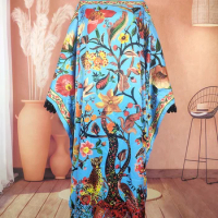 American Popuar Summer Women's Bikini Silk Beach Cover up Oversize African Elegant Muslim Printed Loose Abaya Kaftan Dress
