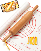 Classic Wood Rolling Pin 17" Rolling Pins for Baking with Silicone Mat and Adjustable Thickness Ring