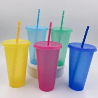 Sequined Glitter Straw Cups Reusable Food Grade Straw Mugs with Lid Plastic Tumbler Matte Coffee Jui