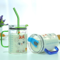 兒童牛奶杯帶把早餐杯可愛卡通貓吸管杯耐熱創意刻度玻璃水杯定制