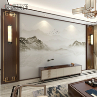 新中式淡雅意境水墨山水墻布電視背景墻壁紙客廳沙發影視墻紙壁畫