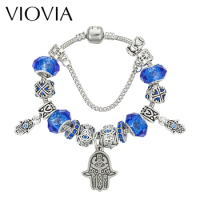 VIOVIA Trollbeads Bracciale Color Oro Fashion Blue Hand Charm Bracelets For Women Crystal Beads Evil Eye Pulseras Jewelry B16150