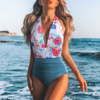 2024 Women One Piece Monokini Swimsuit Y2k Flower Print Push Up Swimwear Halter-Neck Bandage Bathing Suit Hawaiian Beachwear