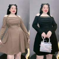 Đầm trễ vai bigsize tay dài nhún eo chất tăm dày mịn from vừa xinh xắn-G231