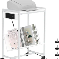 Cart White 2 Tier Nightstand with Charging Station Rolling Printer Stand Storage Tables Wheels
