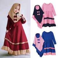 Pakaian Lengan Panjang dan Tudung Bayi Perempuan, Pakaian Muslim, Set 2pcs, Pakaian Kanak-kanak Rama
