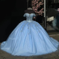 Luxury Beading Blue Ball Gown Mexican Quinceanera Dress 2024 Princess Prom Sweet 15 16 Years Old Miss XV Birthday Pageant Dress
