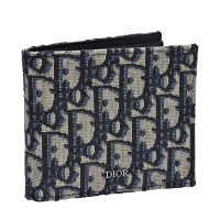 【Dior 迪奧】經典Oblique提花帆布內襯裡小牛皮摺疊零錢袋短夾(藍2OBBC027YSE_H05E)