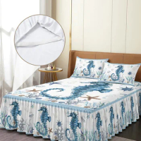 Mediterranean Style Ocean Starfish Seahorse Stripes Bed Skirt Fitted Bedspread With Pillowcases Mattress Cover Bedding Set