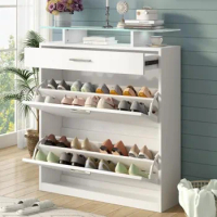 2 flip drawers, tempered glass top shoe storage cabinet, independent shoe rack with corridor LED lights, white