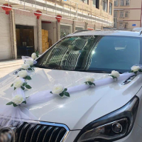 White Rose Artificial Flower for Wedding Car Decoration Bridal Car Decorations Door Handle Ribbons Silk Flower
