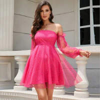 Off-Shoulder Short Homing Coming Dress Illusion Tulle Sleeves A-Line Backless Sequined Sweety Pleated Princess Party Gown JQ980