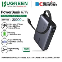 Powerbank UGREEN 55996B BUILT-IN CABLE 67W 20000mAh Gray