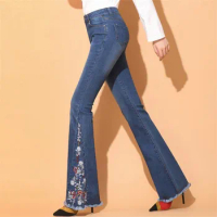 Woman Jeans Bell Bottom Jeans Embroidered High Stretch Womens Flared Pants Denim Ladies Flowers Embroidery Jeans Mujer r736