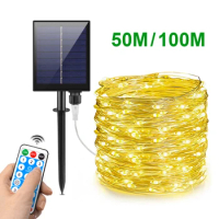 Fast Charge Solar String Fairy Lights 10M-100M LED Waterproof Outdoor Garland Large Solar Panel Lamp Christmas For Garden Decor