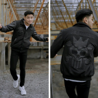 Jaket Pria Distro Terbaru / Jaket Varsity Baseball Black Skull BGSR Full Bordir / Jaket Bomber Pria 