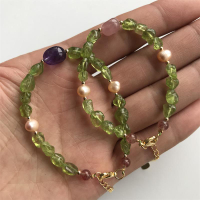 原創天然橄欖石手鏈女清新不規則紫水晶粉珍珠隨型手串單圈首飾品