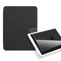 氣囊防摔 iPad Pro 11吋 2021/2020/2018 Y折三角立架皮套 內置筆槽(經典黑)+9H玻璃貼(合購價)
