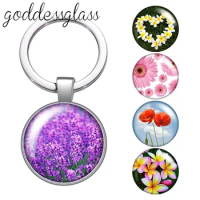 Beauty Flowers lavender Daisy poppy Rose Lotus glass cabochon keychain Bag Car key chain Ring Holder Charms keychains for Gifts