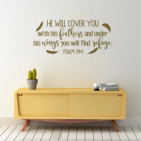 PSALM He Will Cover You With His Feathers Bible Verse Wall Decal Family vinyl Wall sticker Christian Scripture Wall decor