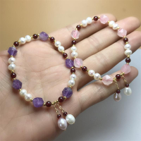 原創天然珍珠手鏈女款甜美石榴石粉晶紫水晶太陽石手串首飾品禮物