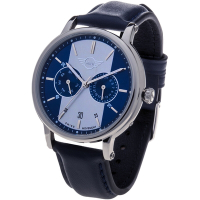 MINI Swiss Watches 石英錶  43.5mm 藍底銀條二眼錶面 深藍皮錶帶