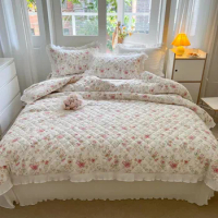 100%Cotton Premium Quality Soft Duvet Cover Bedspread Coverlet Pillow shams Diamond Quilted Floral Ruffled Comforter Cover set